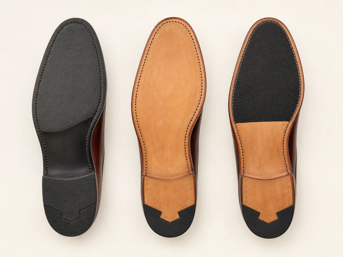 고무창, 전체 가죽창, 미끄럼 방지 반창을 덧댄 가죽창